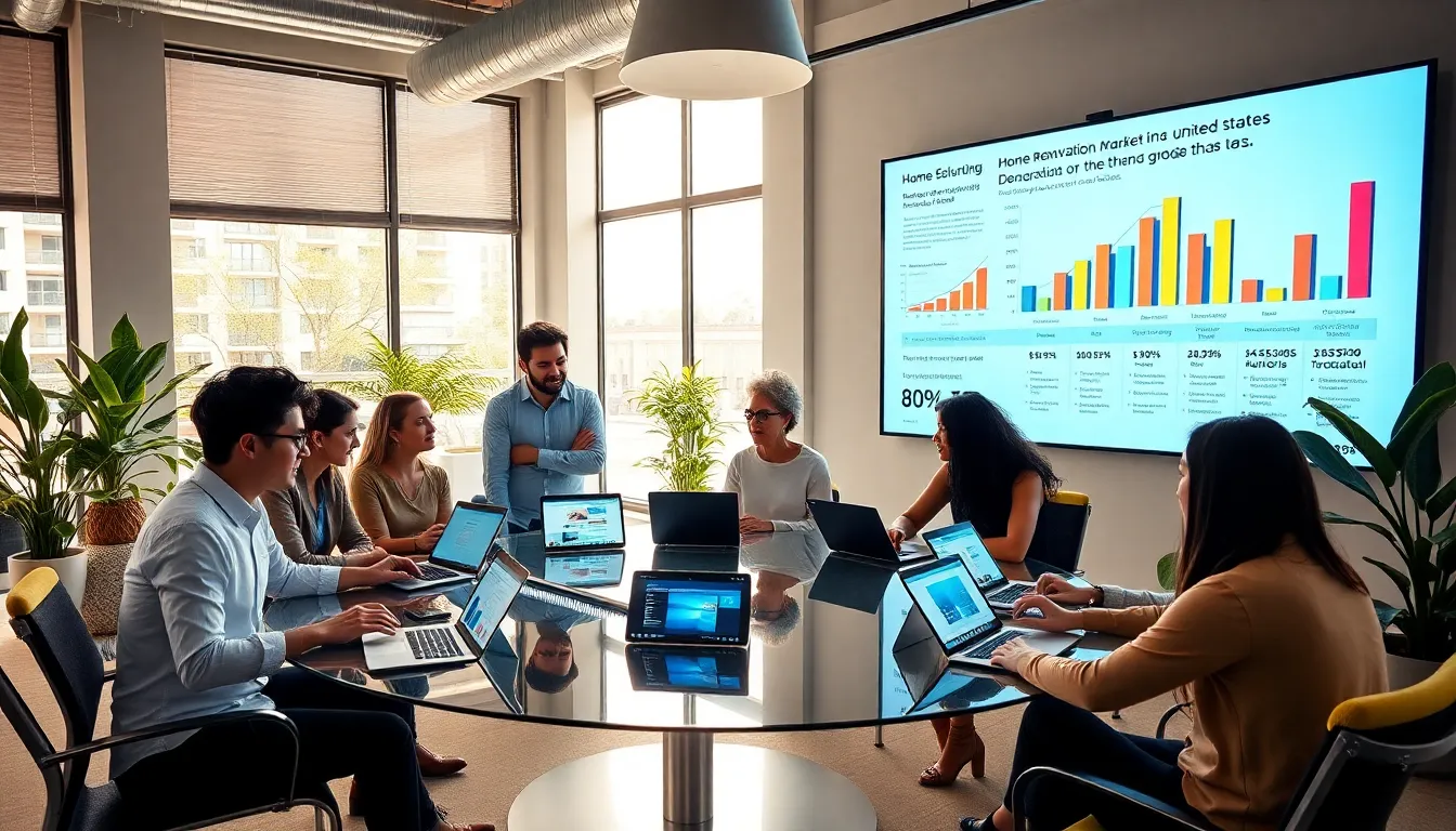 marketing team analyzing home renovation trends in a modern office.