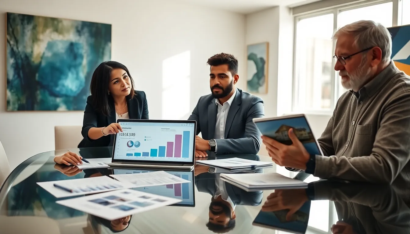 professionals discussing property investment loans in a modern office.