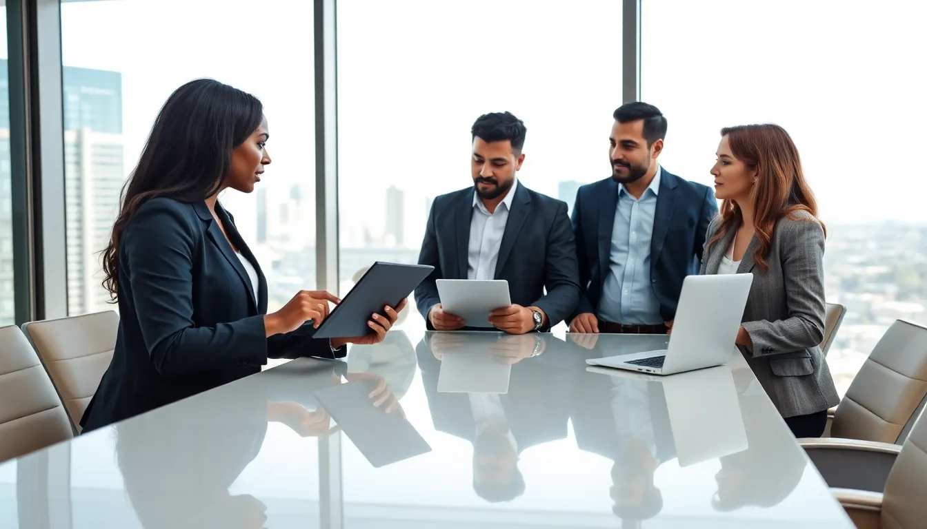 diverse team discussing investment properties in a modern office.