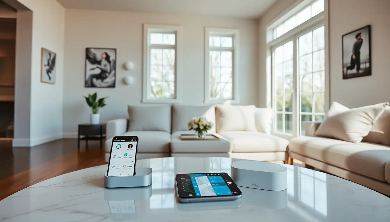 Ring Home Alarm System displayed in a modern living room setting.