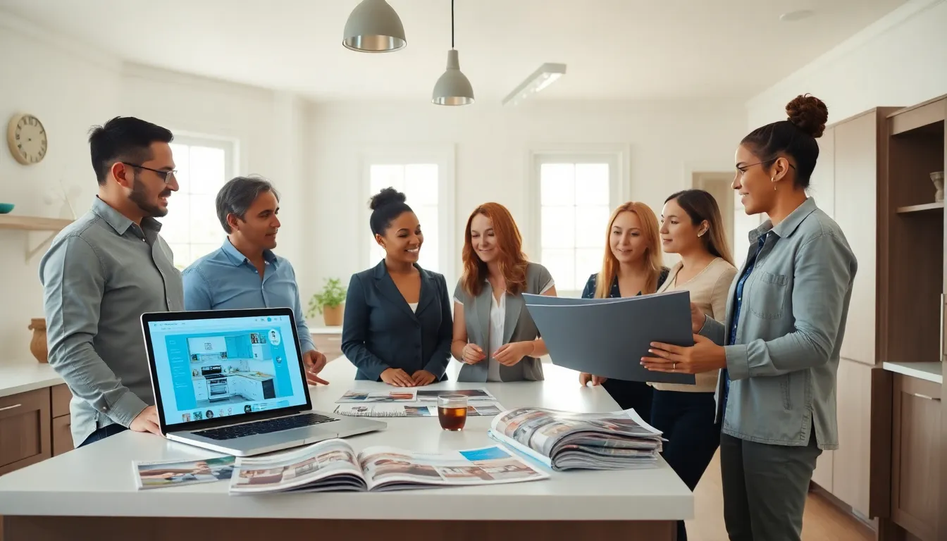 diverse homeowners discussing renovation plans in a modern kitchen.