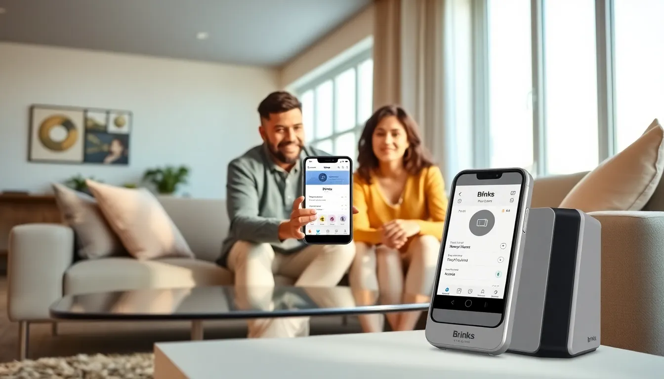 family controlling Brinks Home Alarm from a smartphone in a modern living room.