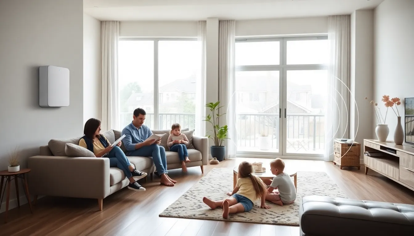 modern living room with a motion sensor alarm and a family engaging in activities.