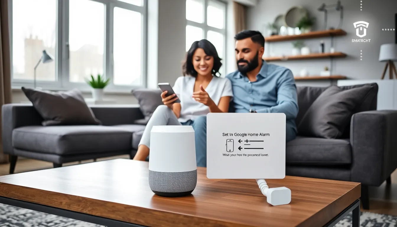 couple configuring Google Home alarm system in a modern living room.
