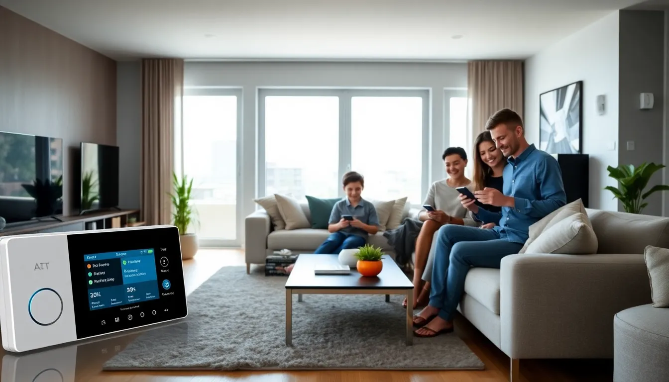 family interacting with an AT&T home alarm system in a modern living room.